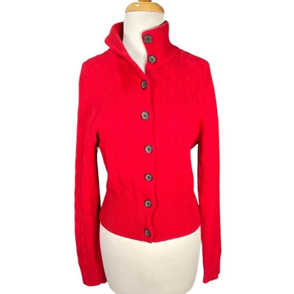Tommy Hilfiger Red Cable Knit Button Cardigan Women’s Large 100% Cotton Preppy - Picture 13 of 13
